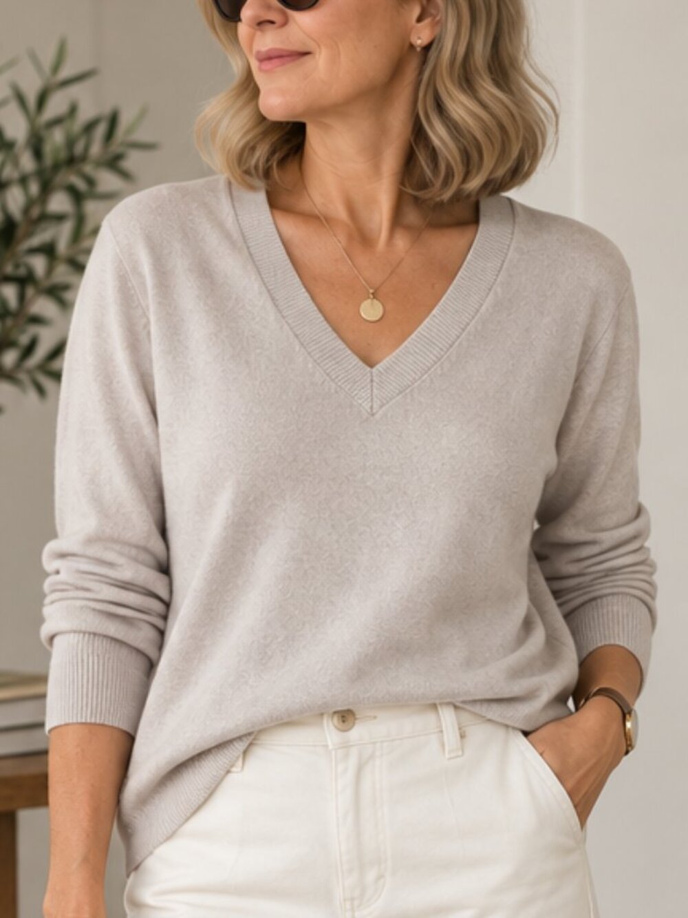 Contemporaine Simons Light Greige V-Neck Sweater ECOVERO Size M PTP19
